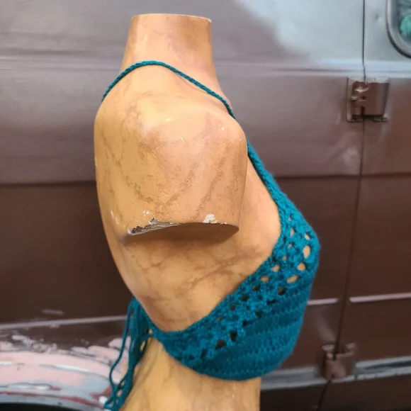 Teal 90s y2k punk goth crochet corset back handmade crochet crop top size m-l - Picture 5 of 9